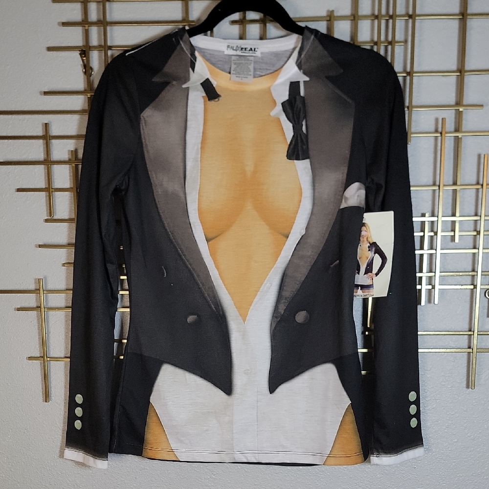 Faux Real Women's Tuxedo Long Sleeve Tee - Black and White